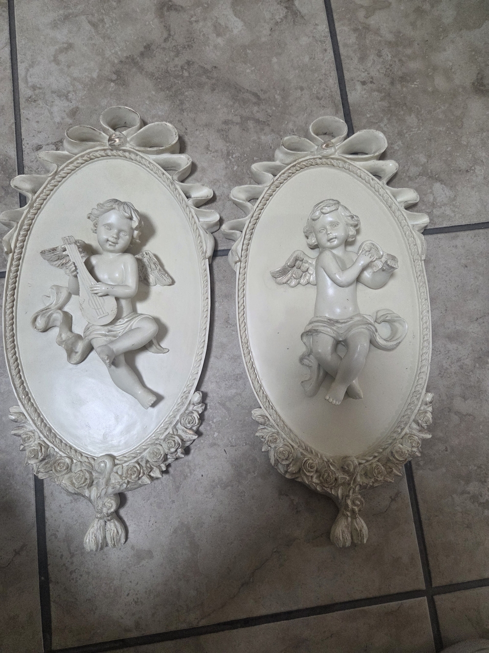 Decorative Cherub Wall Plaque Pair - Cream Ornate Angels
